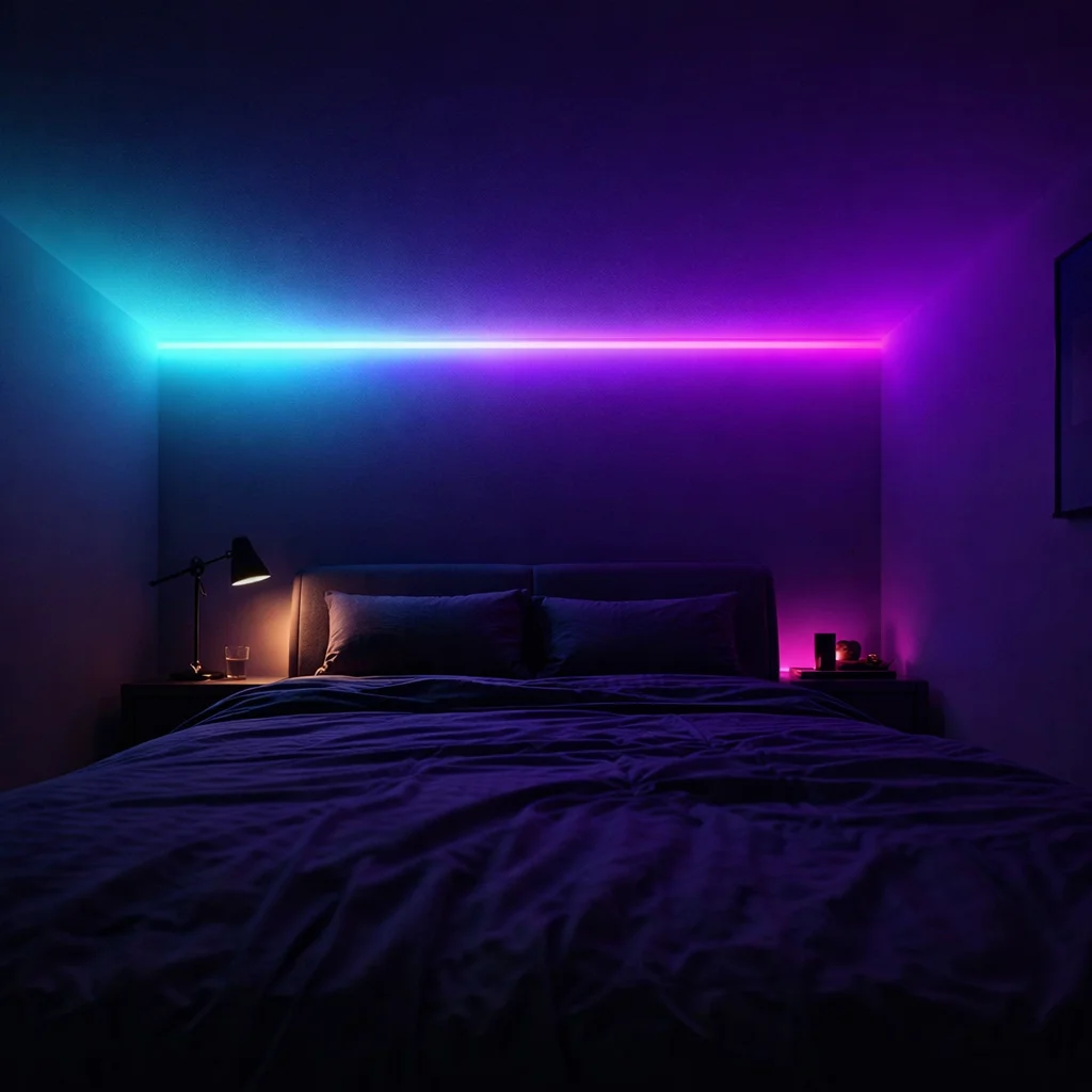 LED lights strip for room creating colorful ambient glow in a modern bedroom