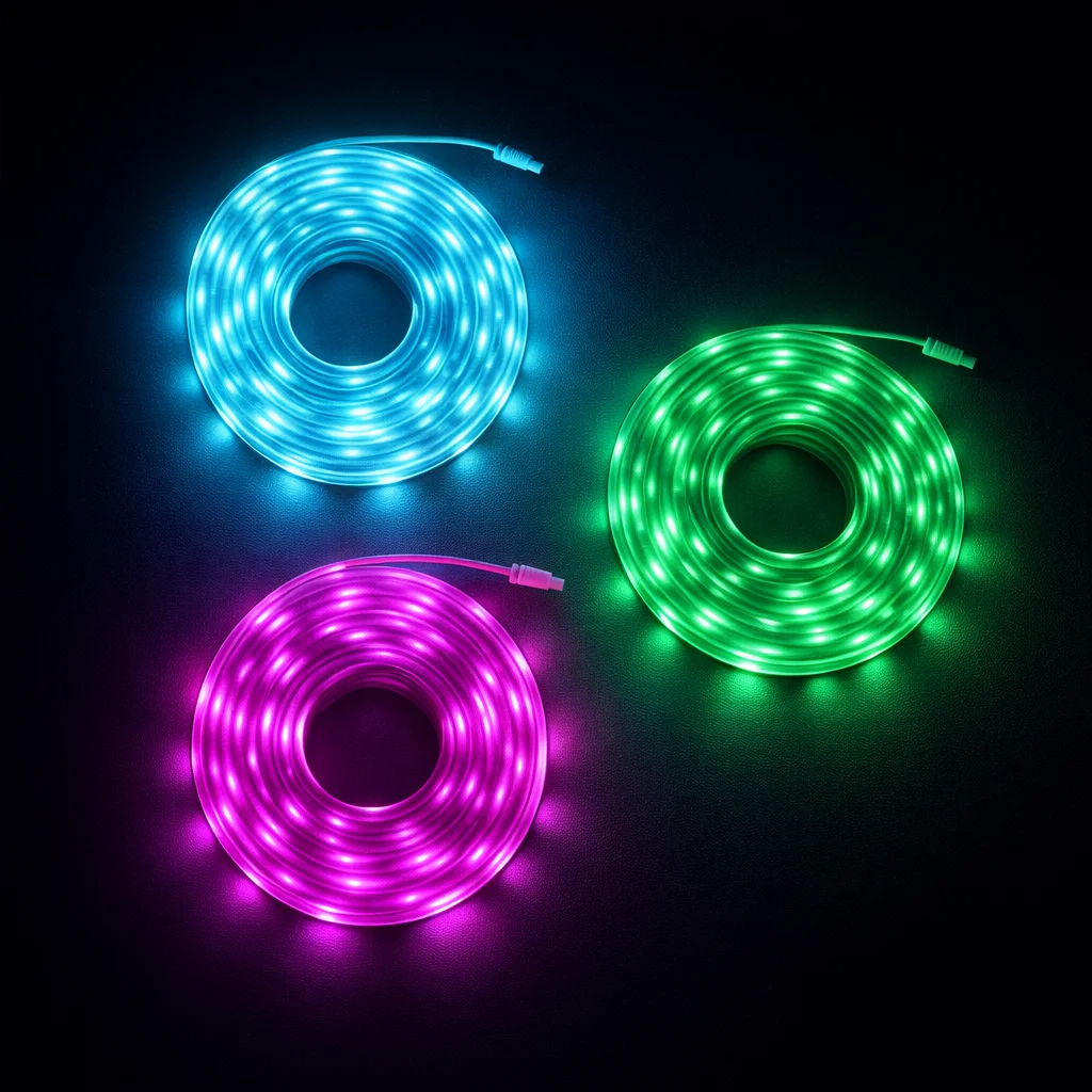 RGB color changing LED strip lights showing multiple vibrant color options for room decor