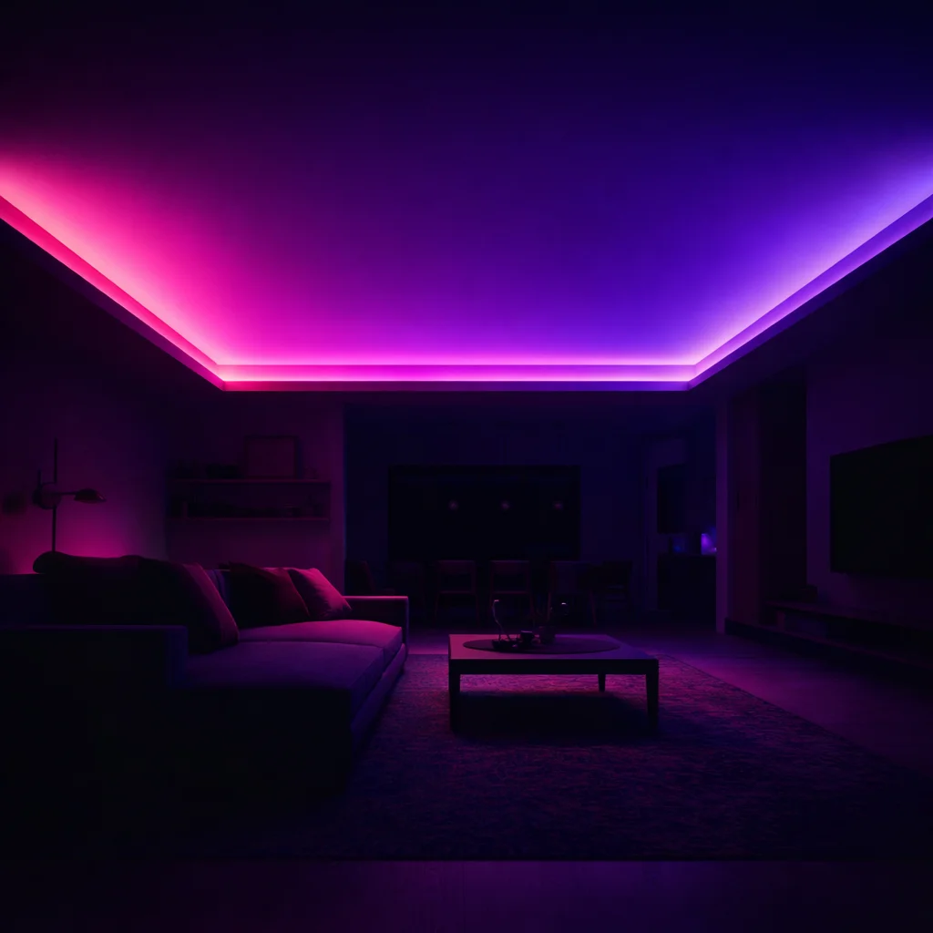 Color changing LED strip lights for living room ceiling casting magenta and violet ambient glow
