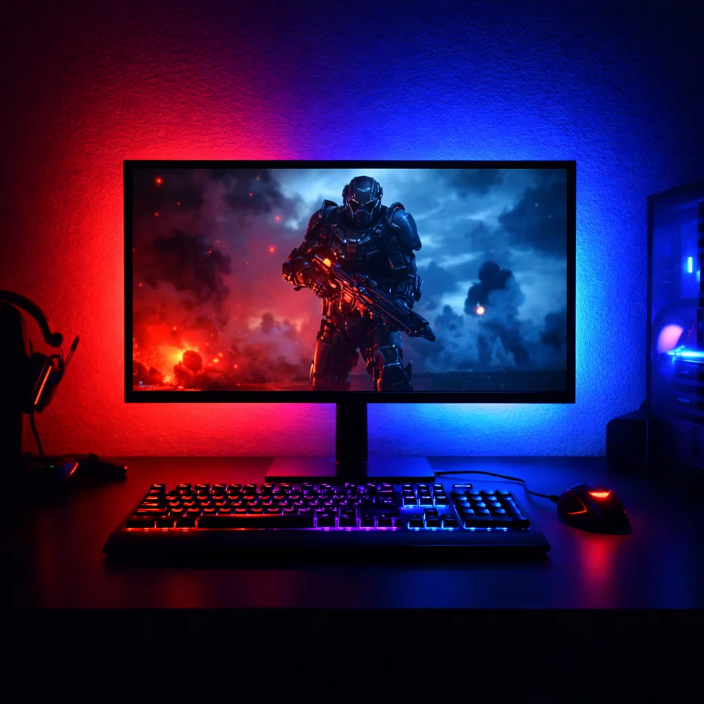 Best LED strip lights for gaming room setup with vivid color changing glow behind monitor