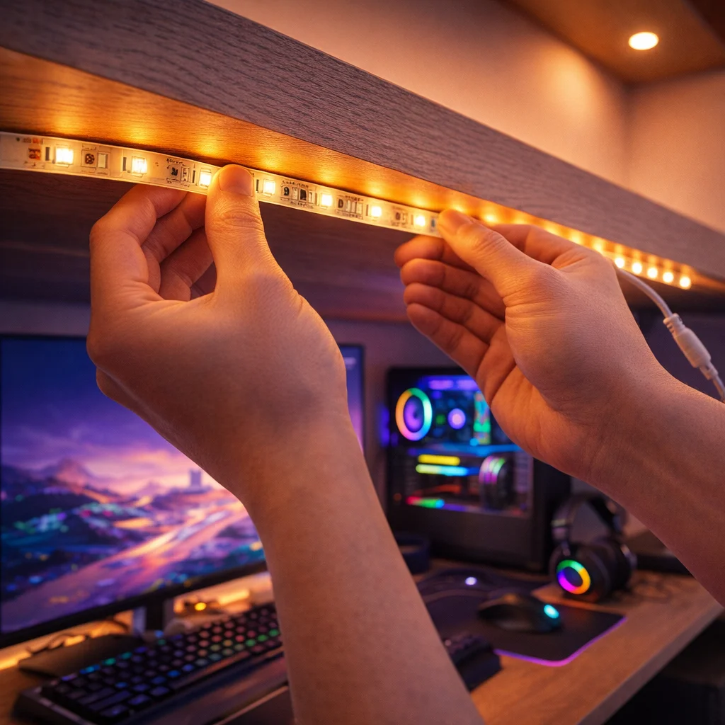 Installing color changing LED strip lights for room along a gaming desk shelf
