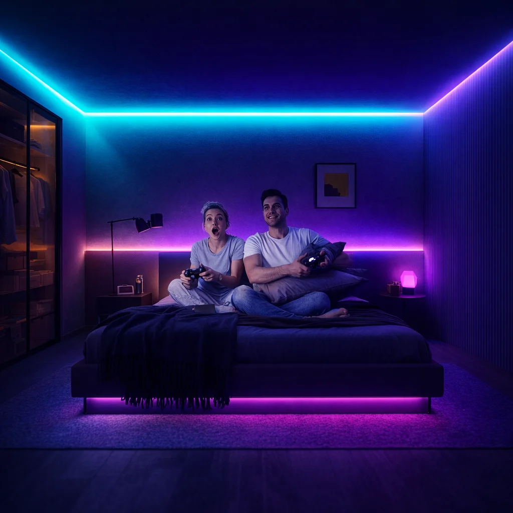 LED strip lights for bedroom creating ambient purple and cyan glow along ceiling